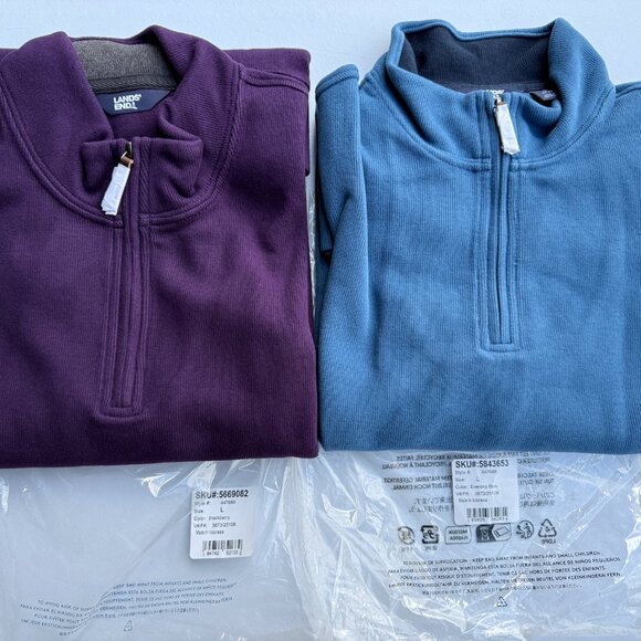 Set of 2 Lands’ End Men's L Bedford Rib Quarter Zip Soft Pullover Sweater Blue, - Picture 1 of 5